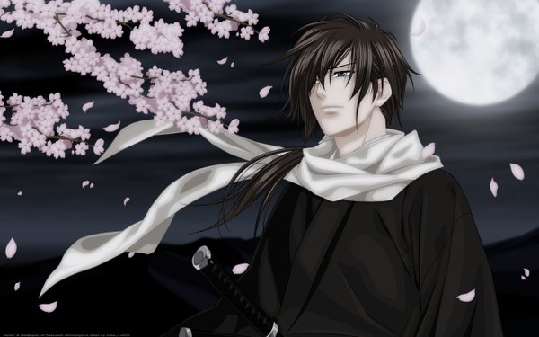 Anime picture 2560x1600 with hakuouki shinsengumi kitan studio deen saito hajime cilou (artist) single long hair highres blue eyes black hair wide image japanese clothes cherry blossoms boy petals scarf moon full moon