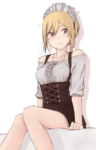 Anime picture 2033x3177 with original kinpatsu-chan (rutchifu) rutchifu single tall image blush fringe highres short hair blue eyes simple background blonde hair white background sitting bare shoulders looking away arm support shadow maid knees touching