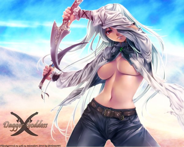 Anime picture 1280x1024 with original rezi single long hair breasts light erotic red eyes holding white hair open clothes midriff open shirt dark skin underboob dual wielding navel weapon belt knife jeans