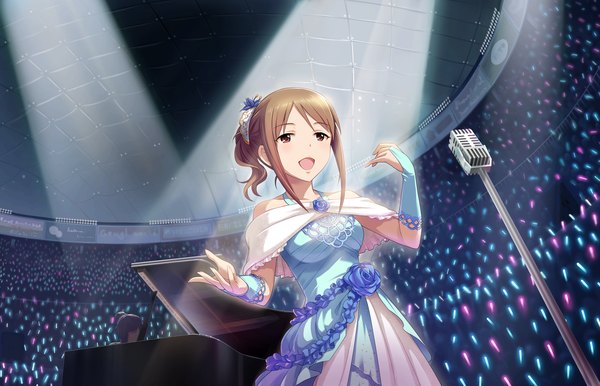 Anime picture 1280x824 with idolmaster idolmaster cinderella girls mifune miyu looking at viewer short hair open mouth brown hair bare shoulders brown eyes girl dress hair ornament musical instrument microphone stand piano scene