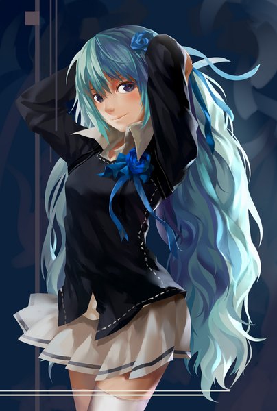 Anime picture 1070x1586 with vocaloid hatsune miku lightofheaven single tall image looking at viewer blue eyes twintails very long hair aqua hair zettai ryouiki girl thighhighs skirt flower (flowers) ribbon (ribbons) hair ribbon miniskirt white thighhighs