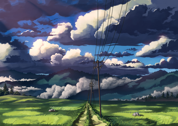 Anime picture 2400x1700 with original choc0 (oda0208) highres sky cloud (clouds) outdoors horizon mountain no people scenic meadow plant (plants) tree (trees) grass stone (stones) power lines road pole path telephone pole