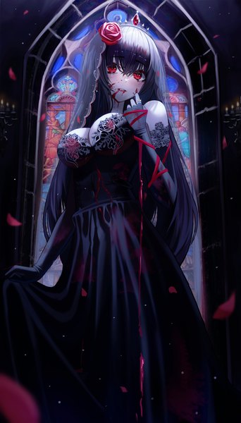 Anime picture 4067x7140 with original poise single long hair tall image looking at viewer blush fringe highres breasts light erotic black hair hair between eyes red eyes large breasts standing absurdres hair flower mole from below