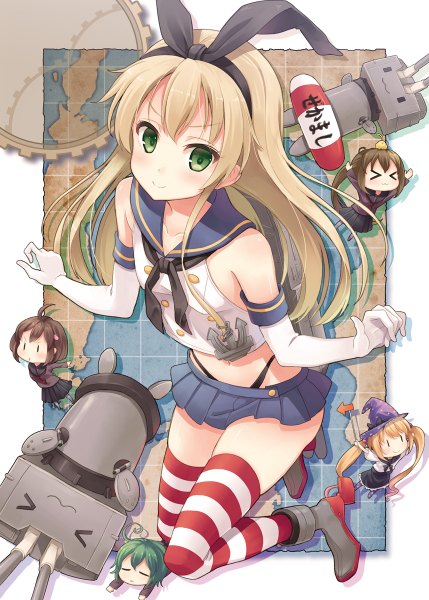 Anime picture 858x1200 with kantai collection shimakaze destroyer rensouhou-chan majokko (kantai collection) midori (kantai collection) hiyoko (kantai collection) cha (kantai collection) hyuuga azuri long hair tall image looking at viewer blush short hair blonde hair smile brown hair twintails multiple girls green eyes ahoge
