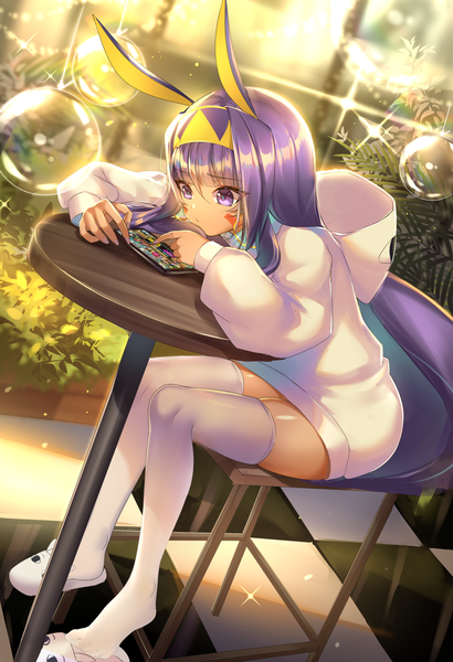Anime picture 1200x1756 with fate (series) fate/grand order nitocris (fate) kernel killer single long hair tall image blush fringe hair between eyes sitting purple eyes animal ears purple hair full body indoors nail polish fingernails sparkle bunny ears