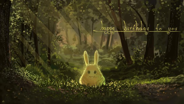 Anime picture 1500x850 with original ylpylf looking at viewer smile wide image animal ears sunlight no people sunbeam happy birthday flower (flowers) plant (plants) animal tree (trees) fur grass forest bunny