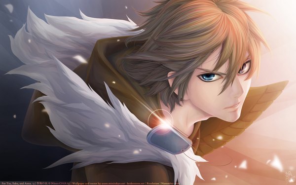 Anime picture 1680x1050 with togainu no chi nitro+chiral akira (tnc) asa00 single short hair blue eyes brown hair wide image portrait face boy fur