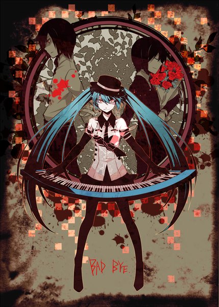 Anime picture 715x1000 with vocaloid badbye (vocaloid) hatsune miku long hair tall image red eyes twintails very long hair aqua hair girl skirt gloves flower (flowers) hat necktie elbow gloves rose (roses) bouquet keyboard (instrument)