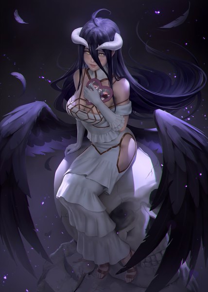 Anime picture 2851x4000 with overlord (maruyama) madhouse albedo (overlord) ainz ooal gown zarory single tall image looking at viewer blush fringe highres breasts light erotic black hair simple background hair between eyes large breasts sitting holding signed