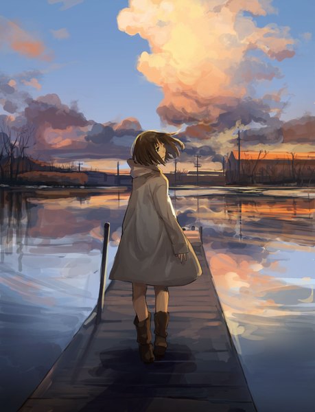 Anime picture 1497x1957 with original hanno single tall image short hair brown hair brown eyes looking away wind walking scenic lake girl boots building (buildings) coat pier