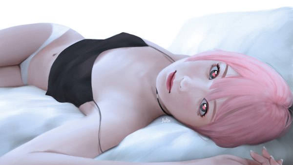 Anime picture 2880x1620 with original lika (jubi) jubi (regiana) single looking at viewer highres short hair light erotic wide image signed pink hair lying black eyes on back lipstick symbol-shaped pupils covered nipples red lipstick heart-shaped pupils girl
