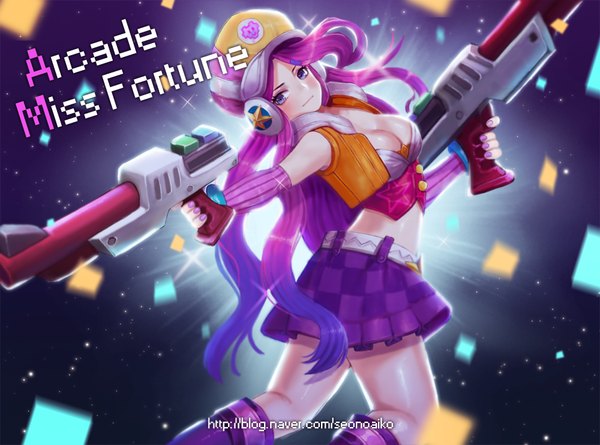 イラスト 1000x743 と league of legends miss fortune (league of legends) arcade miss fortune (league of legends) 桃花 ソロ 長髪 赤面 青い目 ピンク髪 purple hair multicolored hair two-tone hair character names checkered skirt 女の子 スカート 武器 ヘッドフォン 銃砲 銃