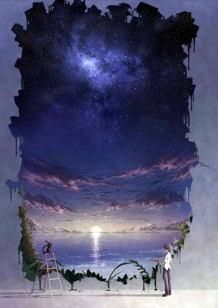 Anime picture 1000x1414 with original arsh single tall image short hair black hair smile standing holding signed looking away cloud (clouds) profile sunlight night shadow short sleeves night sky beach glowing