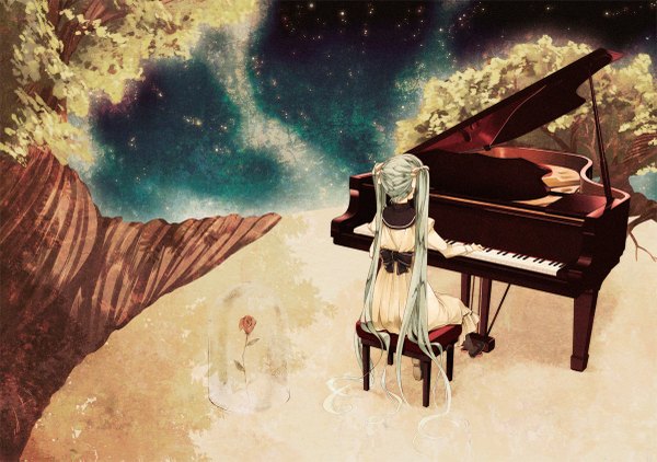 Anime picture 1200x845 with vocaloid hatsune miku kirino kasumu single long hair sitting twintails from behind aqua hair girl dress flower (flowers) plant (plants) tree (trees) rose (roses) piano