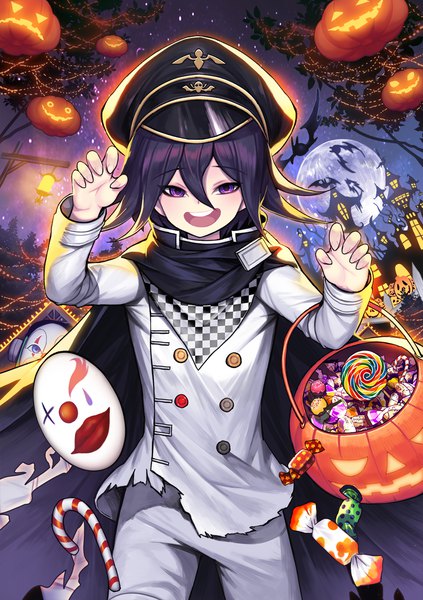 Anime picture 1000x1420 with dangan ronpa new danganronpa v3 ouma kokichi kyundoo single tall image looking at viewer blush fringe short hair open mouth smile hair between eyes standing purple eyes purple hair outdoors :d night arms up