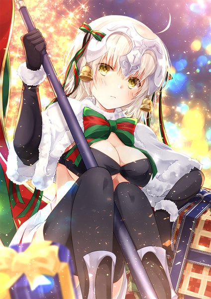 Anime picture 1000x1414 with fate (series) fate/grand order jeanne d'arc (fate) (all) jeanne d'arc alter santa lily (fate) iroha (shiki) single tall image looking at viewer blush short hair breasts light erotic blonde hair large breasts sitting yellow eyes cleavage christmas girl thighhighs