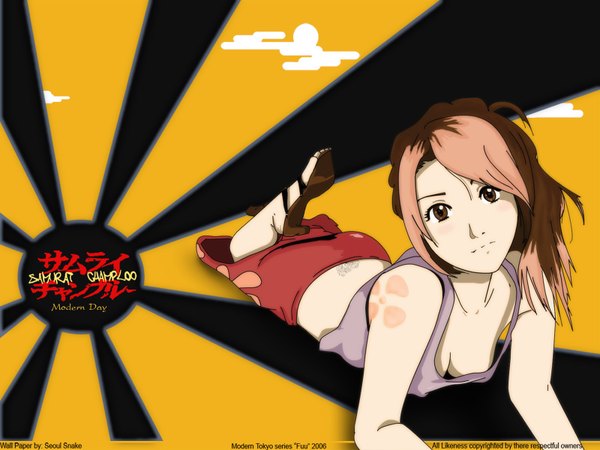 Anime picture 1600x1200 with samurai champloo fuu (samurai champloo) highres breasts light erotic brown hair brown eyes cleavage no bra tattoo high heels wallpaper shoes