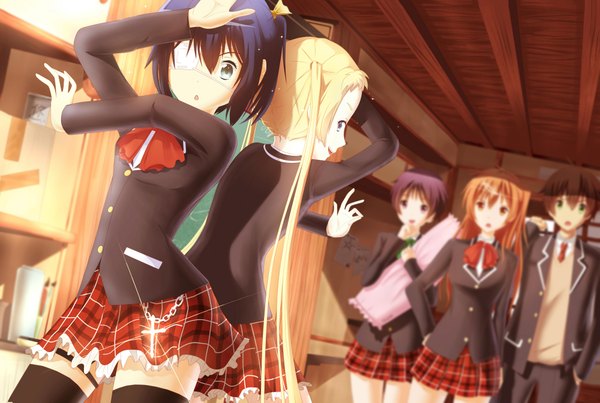 Anime picture 4000x2689 with chuunibyou demo koi ga shitai! kyoto animation takanashi rikka nibutani shinka dekomori sanae tsuyuri kumin togashi yuuta riki-to long hair highres short hair open mouth blue eyes blonde hair smile brown hair purple eyes twintails multiple girls green eyes