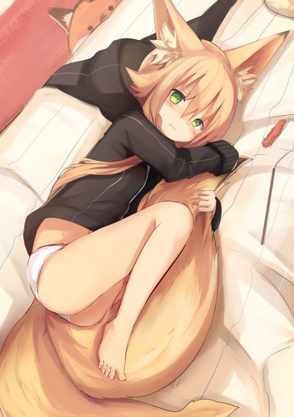 Anime picture 2894x4093 with original kokonoe tsubaki haik single long hair tall image looking at viewer blush highres light erotic blonde hair green eyes animal ears tail lying animal tail barefoot bare legs hug fox ears