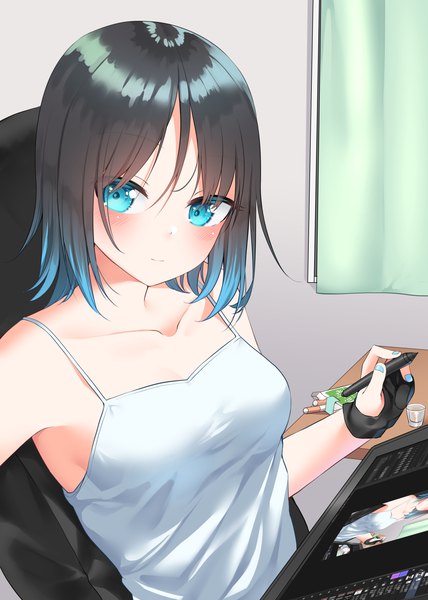 Anime picture 2460x3451 with original menbou (menbow3v) single tall image looking at viewer blush fringe highres short hair breasts blue eyes black hair smile hair between eyes sitting holding blue hair upper body indoors nail polish