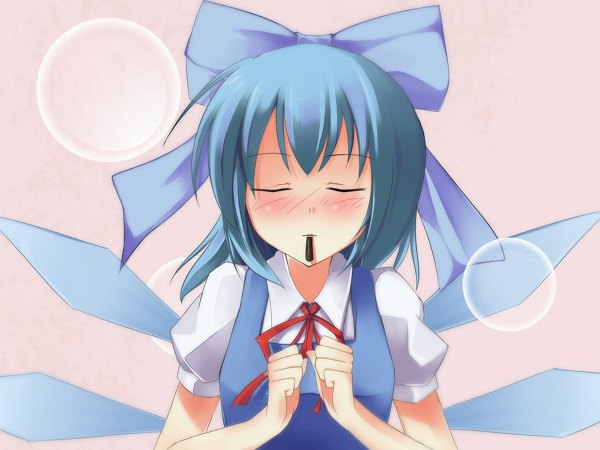 Anime picture 1200x900 with touhou cirno blush incoming pocky kiss girl food sweets pocky