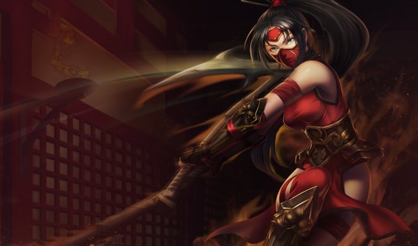Anime picture 1215x717 with league of legends akali (league of legends) single long hair highres breasts black hair wide image ponytail grey eyes girl weapon mask