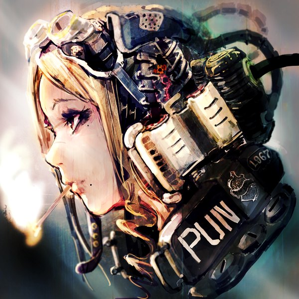 Anime picture 1200x1200 with original so-bin single short hair blonde hair brown eyes close-up smoke smoking steam punk girl headphones goggles wire (wires) cigarette