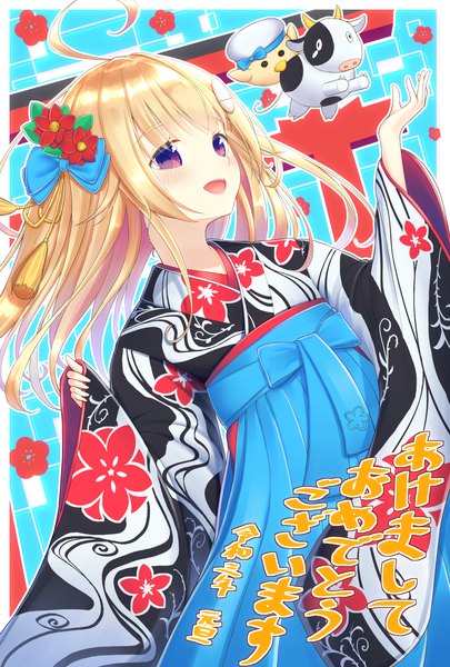 Anime-Bild 1181x1748 mit original lukaluka8814 single long hair tall image open mouth blonde hair purple eyes ahoge traditional clothes :d japanese clothes wide sleeves new year happy new year akeome girl hair ornament animal hairclip