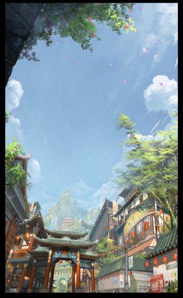 Anime picture 1800x2925 with original chaoyuanxu tall image highres sky cloud (clouds) city mountain no people architecture east asian architecture gate plant (plants) tree (trees) leaf (leaves) building (buildings) lantern wall roof bamboo