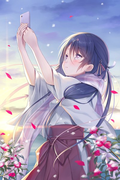 Anime picture 1680x2514 with original na-ga single long hair tall image black hair purple eyes holding looking away sky traditional clothes japanese clothes arms up snowing looking up snow miko morning sunrise girl