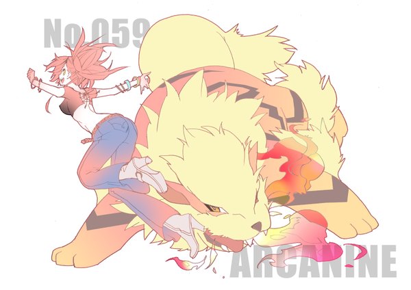 Anime picture 1500x1060 with pokemon nintendo arcanine asuna (pokemon) sora tokumo long hair looking at viewer simple background white background yellow eyes ponytail red hair character names spread arms jumping gen 1 pokemon pokemon number girl animal bracelet