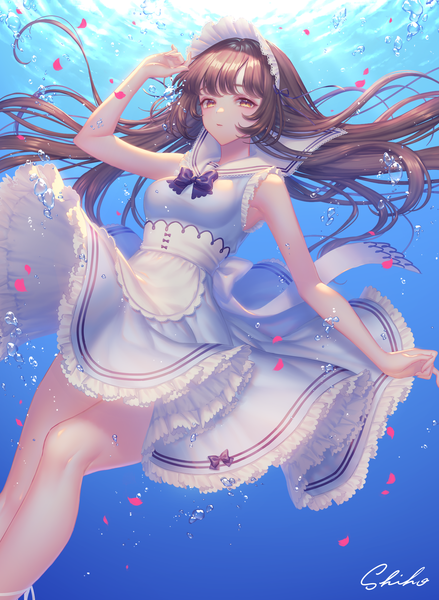 Anime-Bild 1326x1812 mit original sakura shiho single long hair tall image looking at viewer fringe brown hair brown eyes signed payot maid floating hair underwater sailor collar girl uniform petals headdress maid headdress