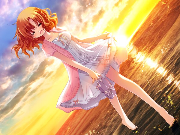Anime picture 1024x768 with shiomizaki gakuen engekibu koi pure short hair game cg eyes closed orange hair evening sunset girl water sundress