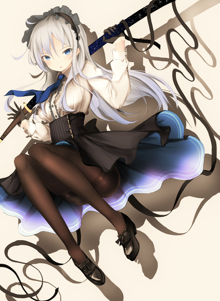Anime picture 1112x1520 with original narue single long hair tall image looking at viewer blush fringe breasts open mouth blue eyes simple background hair between eyes white background holding full body bent knee (knees) white hair long sleeves shadow