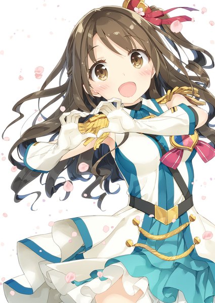 Anime picture 765x1080 with idolmaster idolmaster cinderella girls shimamura uzuki kani biimu single long hair tall image looking at viewer blush fringe open mouth simple background brown hair standing white background brown eyes one side up happy heart hands crystal night party