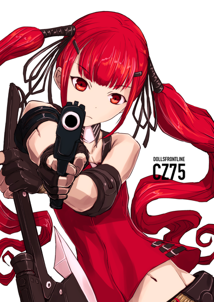 Anime picture 868x1228 with girls frontline cz-75 (girls frontline) boushi-ya single long hair tall image looking at viewer fringe red eyes twintails holding payot red hair blunt bangs copyright name character names groin girl gloves navel