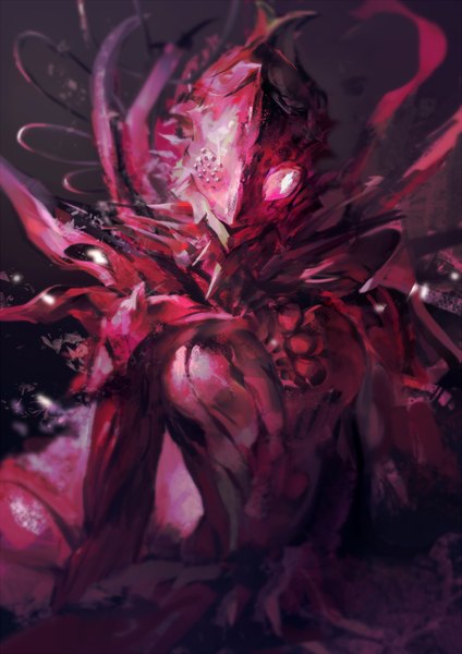 Anime picture 1234x1745 with sidonia no kishi gauna shiraui tsumugi aituoku single tall image looking at viewer parted lips head tilt pink eyes blurry midriff dark background girl tentacles spikes alien