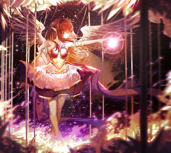 Anime picture 877x787 with original ajahweea single long hair fringe smile standing looking away red hair eyes closed profile pointy ears outstretched arm magic glowing crossed legs (standing) girl dress wings cage