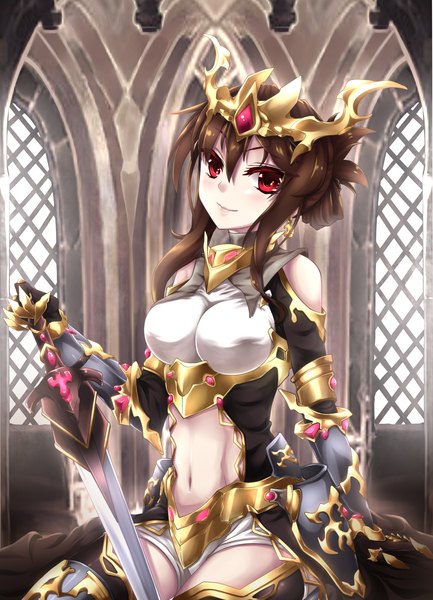 Anime picture 1335x1850 with original fi-san long hair tall image red eyes brown hair bare shoulders midriff girl navel weapon sword armor