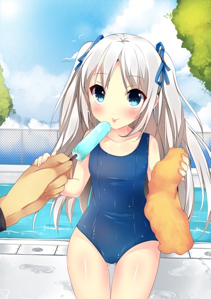 Anime picture 1061x1500 with original usagihime long hair tall image blush blue eyes white hair loli girl ribbon (ribbons) hair ribbon food sweets ice cream towel