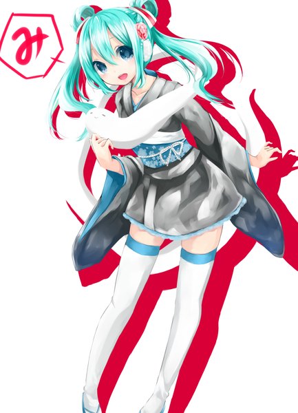 Anime picture 1200x1663 with vocaloid hatsune miku single long hair tall image open mouth blue eyes twintails traditional clothes aqua hair girl thighhighs hair ornament black thighhighs headphones