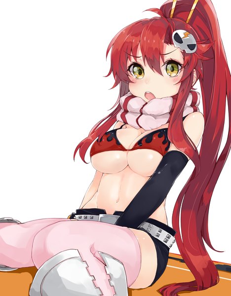 Anime picture 2000x2560 with tengen toppa gurren lagann gainax yoko littner kou mashiro single long hair tall image looking at viewer blush highres breasts open mouth light erotic simple background white background sitting green eyes ponytail red hair girl