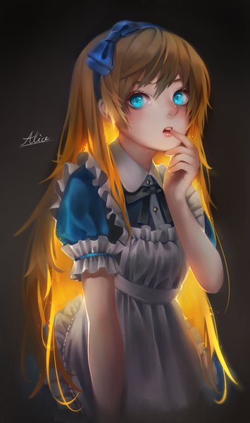 Anime picture 700x1184 with alice in wonderland alice (wonderland) ryota (ry o ta) single long hair tall image looking at viewer blush fringe open mouth blue eyes simple background blonde hair signed teeth finger to mouth black background girl bow headband