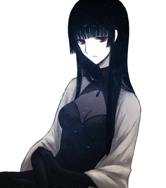 Anime picture 900x1020 with mahouka koukou no rettousei shiba miya sbs single long hair tall image looking at viewer fringe breasts black hair simple background red eyes large breasts white background sitting payot blunt bangs wide sleeves expressionless holding arm