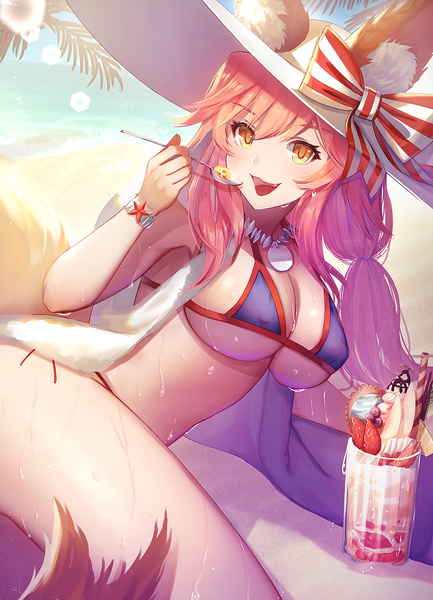 Anime picture 1083x1500 with fate (series) fate/grand order fate/extra tamamo (fate) (all) tamamo no mae (swimsuit lancer) (fate) dolce (dolsuke) single long hair tall image looking at viewer fringe breasts open mouth light erotic smile hair between eyes large breasts holding animal ears yellow eyes
