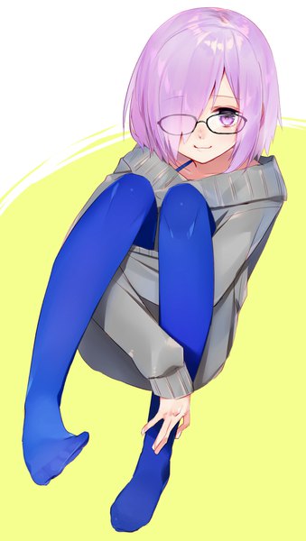 Anime picture 1003x1774 with fate (series) fate/grand order mash kyrielight ayamori mimi single tall image looking at viewer blush fringe short hair simple background sitting purple eyes purple hair full body hair over one eye no shoes yellow background leg hug girl