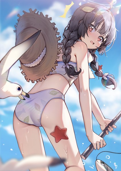 Anime picture 992x1403 with blue archive miyu (blue archive) miyu (swimsuit) (blue archive) picter single long hair tall image looking at viewer light erotic black hair red eyes sky cloud (clouds) braid (braids) looking back from behind twin braids official alternate costume hat removed headwear removed