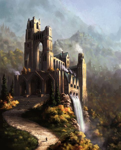 Anime picture 3600x4452 with original aspeckofdust (artist) tall image highres absurdres mountain waterfall fog plant (plants) tree (trees) water castle road