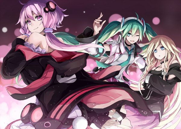 Anime picture 1300x924 with vocaloid hatsune miku ia (vocaloid) yuzuki yukari toromera looking at viewer open mouth blue eyes blonde hair smile twintails multiple girls green eyes pink hair ahoge braid (braids) one eye closed pink eyes looking back green hair