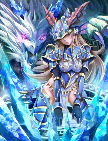 Anime picture 2000x2588 with puzzle & dragons sonia (p&d) sho (shoichi-kokubun) long hair tall image blush highres short hair breasts open mouth light erotic blonde hair large breasts purple eyes head tilt realistic magic fantasy girl gloves